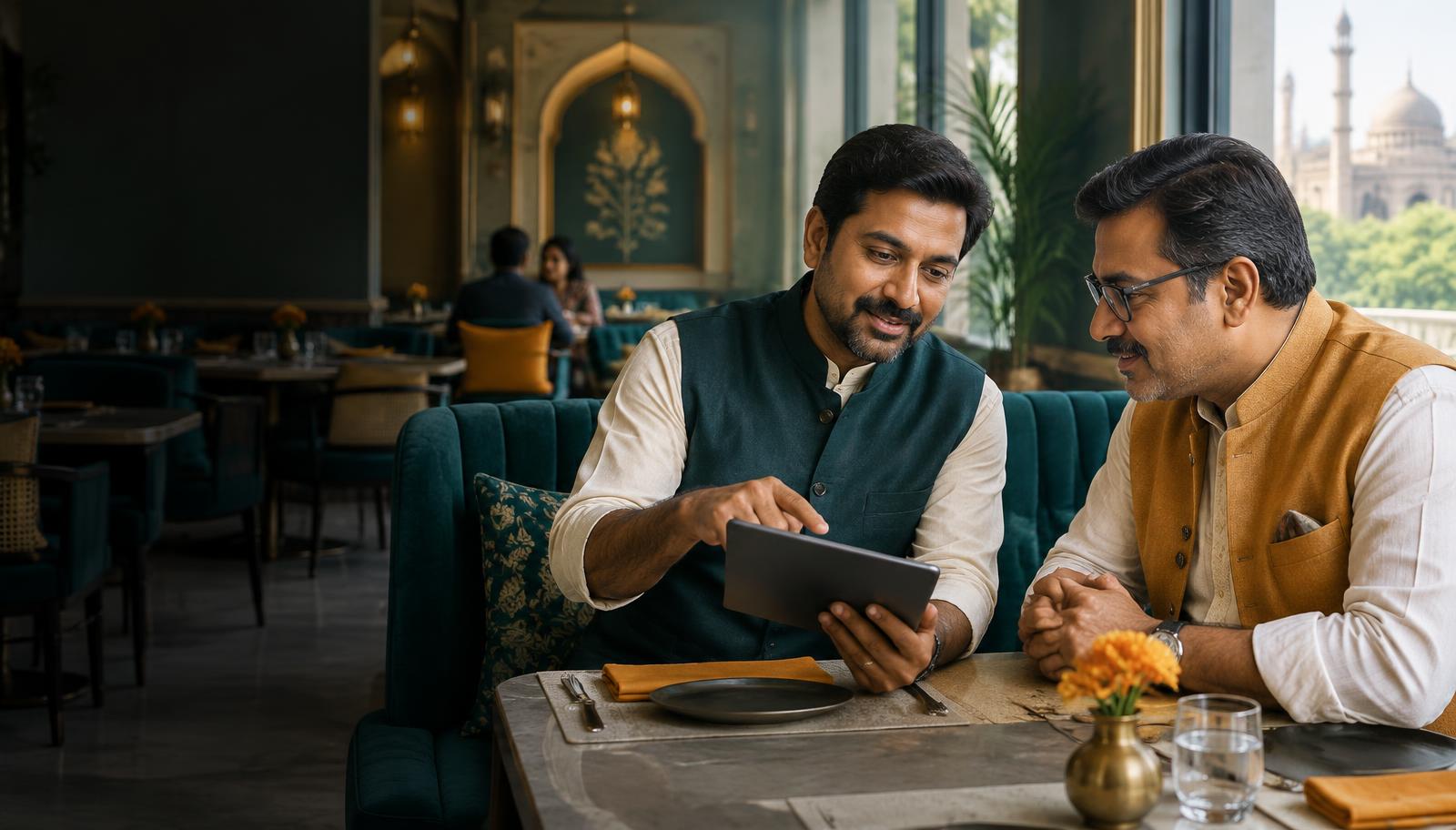 Two restaurant owners discussing their businesses in a restaurant